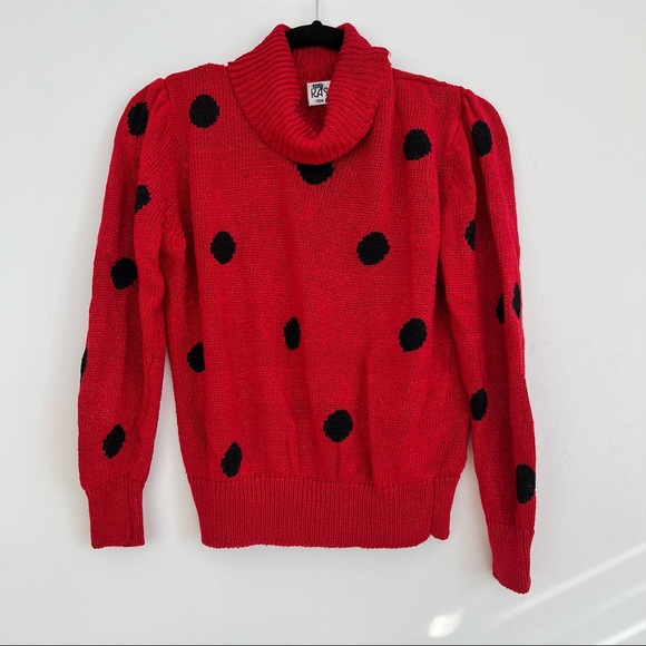 Vintage Sweaters - Vintage Red & Black Lady Bug Polka Dot Linen Blend Loose Knit Turtleneck Sweater